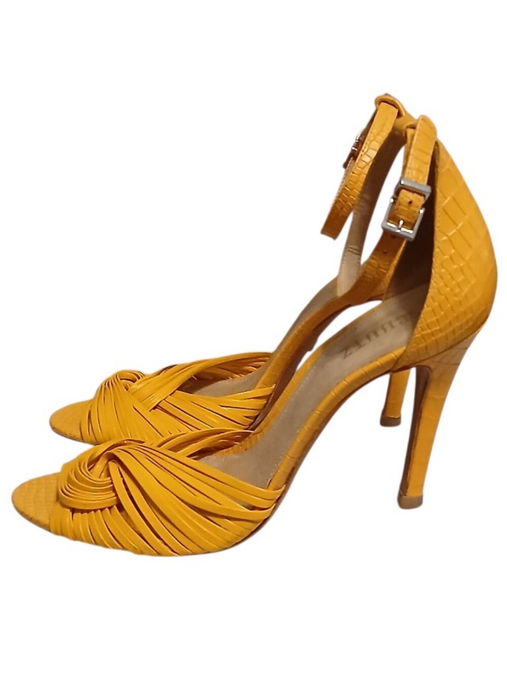 Schutz | Mary Gold Leather Croc Embossed Strappy Peeptoe Heeled Sandals Size 10 - Picture 6 of 13